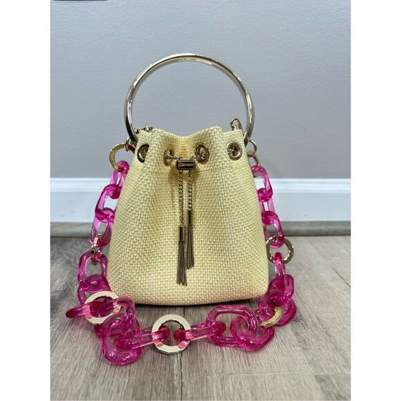 JIMMY CHOO Bon Bon Small Acrylic-trimmed Raffia Bucket Bag $1650 - Picture 5 of 12